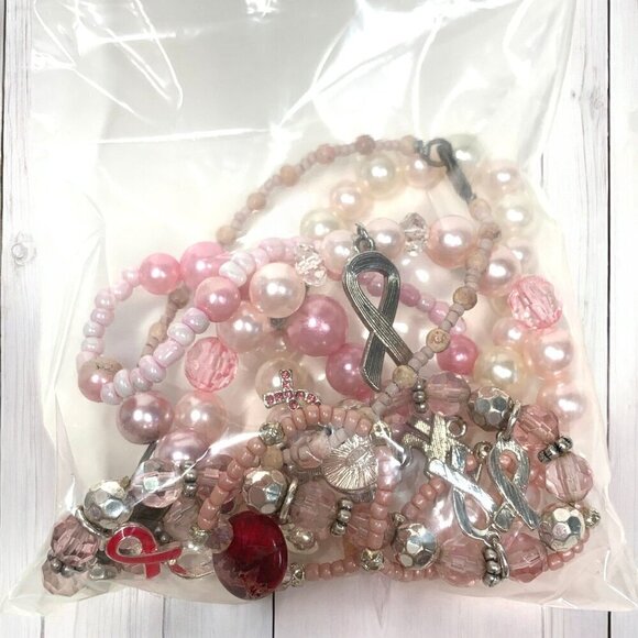 Breast Cancer Awareness Bracelet Bundle Pink Gold Silver Beaded Stretch OS - Picture 5 of 5